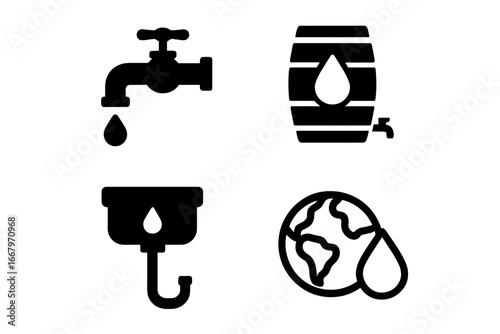 Sustainable water management vector icon set. Solid glyph icons for water conservation, rainwater harvesting, greywater recycling system, low-flow faucet, and saving earth's resources.