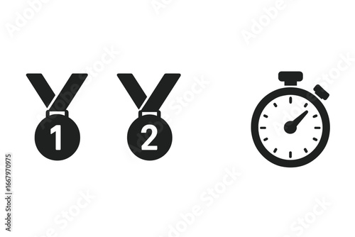 Swim competition vector icon set. First and second place medals for the winner. Stopwatch timer for race time. Sports award, prize, trophy, and achievement symbol for design.