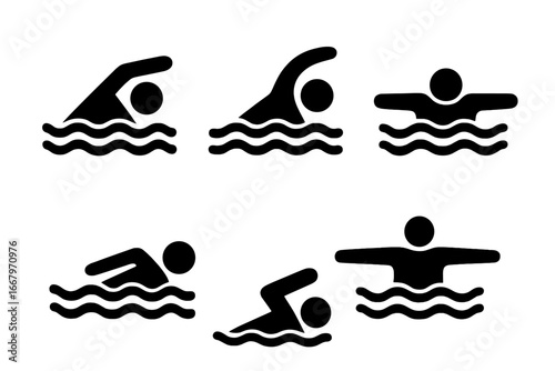 Swimming stroke icon set. Swimmer silhouette pictogram collection. Water sport competition symbol. Freestyle, front crawl, backstroke, breaststroke, butterfly, sidestroke.
