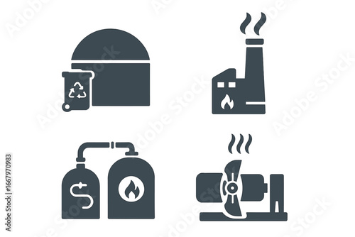 Waste to Energy Icons Set, Biogas Plant, Incinerator Chimney, Anaerobic Digester Tank, Steam Turbine, Renewable Energy, Sustainable Power, Eco-friendly Technology, Vector Illustration