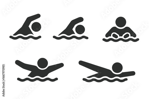 Swimming strokes icon set. Swimmer athlete in water. Freestyle, breaststroke, butterfly, backstroke, sidestroke. Water sport competition symbol. Vector pictogram silhouette.