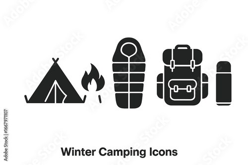 Winter camping icons set with solid filled style featuring essential gear including tent, campfire, sleeping bag, backpack, and thermos, vector illustration on transparent background