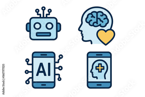 AI in mental health icon set. Robot, brain, and smartphone app for psychology support. Digital healthcare, telehealth, and online therapy technology vector illustrations concept.