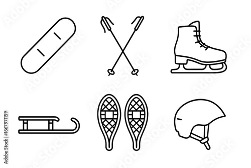 Winter Sports Icons Outline Vector Set Including Snowboard, Ski Poles, Ice Skates, Sled, Snowshoes, Protective Helmet, Winter Activities Equipment Collection