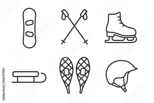 Winter sports icons outline set with snowboard, ski poles, ice skates, sled, snowshoes, helmet, winter outdoor activities, winter adventure gear vector illustration