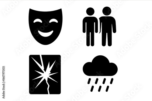 Symbolic emotions icon set for mental health. Psychology concepts of depression, happiness, grief, loneliness. Vector icons of mask, broken mirror, rain cloud, couple.