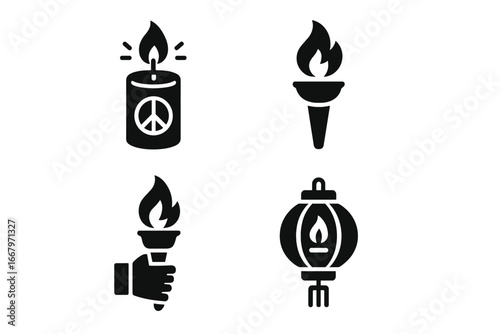 Symbolic lights icon set with peace candle, victory torch, and festival lantern. Vector glyph icons for concepts of hope, unity, freedom, protest, and celebration.