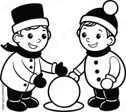 Two Snowmen Children Playing With Snowballs