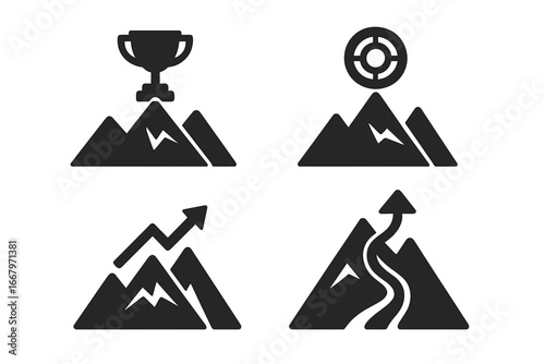 Mountain peak icon set for business success. Metaphor for achieving goals, reaching targets, career growth, and the journey to victory. Vector illustration of leadership.