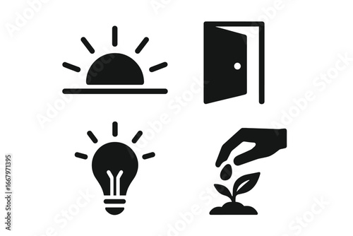 New beginning and hope solid icon set. Symbols of opportunity, growth, and future. Sunrise, open door, lightbulb idea, planting seed. Business start, investment vector.
