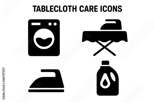 Tablecloth Care Icons Collection. Solid Vector Set Featuring Washing Machine, Ironing Board, Iron and Detergent Symbols for Laundry Instructions, Household Textile Cleaning, Fabric Maintenance