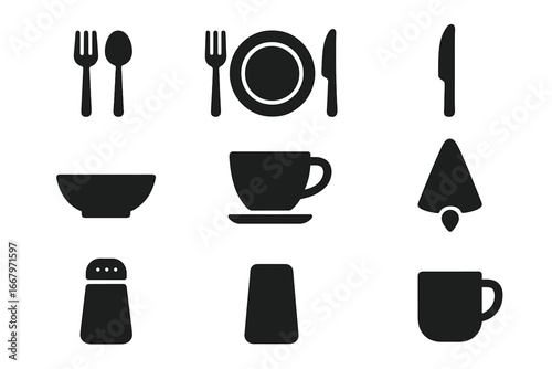 Tableware and cutlery solid icon set. Vector glyph collection for kitchen, restaurant, and dining. Includes fork, spoon, knife, plate, bowl, cup, mug, and salt shaker.