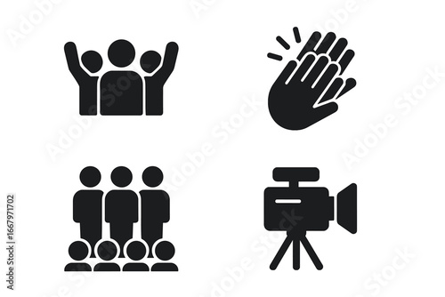 Talent show solid icon set. Vector symbols of audience, cheering crowd, applause, and camera. Concept for competition, live performance, entertainment, concert, ovation.