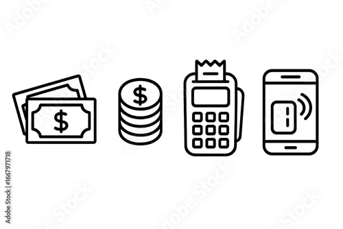 Outline icons set of payment methods including cash bills, coin stacks, credit card terminal, and mobile payment technology, vector cartoon illustration for business