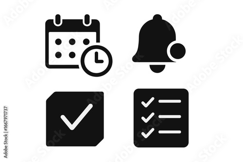 Task management icon set. Solid glyph icons for project planning, scheduling, and deadlines. Vector symbols for calendar, reminder bell, checklist, to-do list, and agenda.