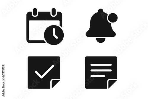 Task management solid glyph icon set. Business productivity vector symbols for project planning, work organization, deadline calendar, reminder bell, and completed to-do list.
