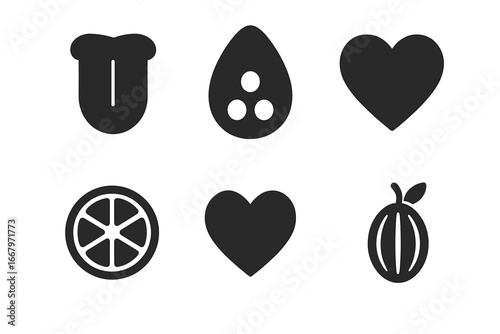 Taste icons solid glyph set. Vector symbols for the sense of taste. Tongue, taste bud, sweet heart, sour lemon, bitter fruit. Food and gastronomy tasting pictogram collection.