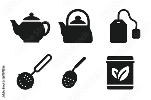 Tea brewing icons. Solid filled glyph set of tea making essentials. Vector teapot, kettle, teabag, infuser, strainer, and loose leaf tin. Beverage preparation silhouette.