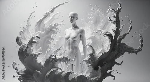 Photo of a serene sculpture of a woman emerging from a wave, embodying the beauty and tranquility of the sea in a stunning artistic creation