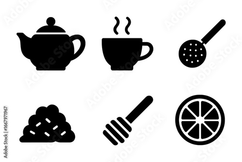 Tea time icons vector set. Solid black glyph pictograms collection of tea essentials. Teapot, hot teacup, strainer, loose leaf tea, honey dipper and lemon slice symbols.