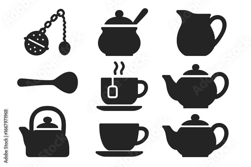 Tea time icons set. Solid glyph collection of tea accessories like teapot, cup, sugar bowl, milk jug, and infuser. Vector silhouette kitchenware for cafe menu or beverage design.