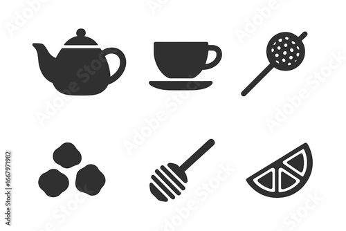 Tea time solid icon set. Vector glyph collection of tea ceremony essentials: teapot, cup, strainer, loose leaf, honey dipper, lemon. Beverage graphic elements isolated.