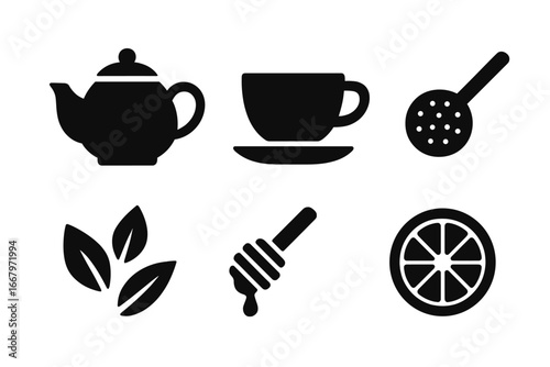 Black solid icons for tea ceremony. Teapot, cup, strainer, loose leaf, honey dipper, and lemon slice. Beverage and drink concept graphics. Kitchenware and utensil symbols.