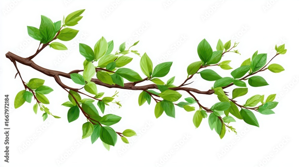 Obraz premium Vibrant Green Leaves on a Branch Isolated on White Background