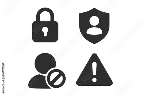 Privacy and Safety Icons Set, Solid Filled Vector Collection Including Lock, Privacy Shield, Blocked User, and Warning Symbols for Security and Protection Concepts