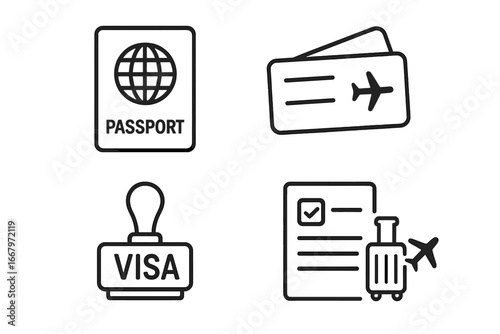 Travel icon set with passport, visa stamp, boarding pass, and customs form. Outline vector symbols for international flight documentation, airport immigration, vacation, and tourism.