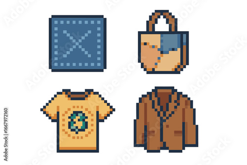 Pixel art upcycled clothing icon set. Sustainable fashion concept. 8-bit icons of a denim patch, scrap fabric bag, repurposed t-shirt & vintage jacket. Slow fashion vector.