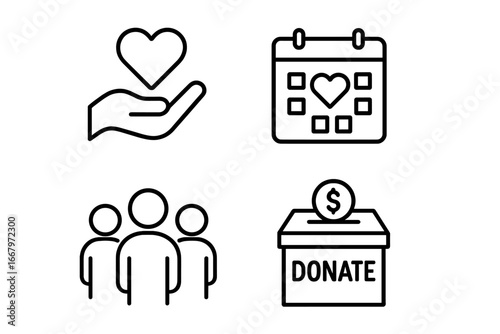Volunteer and charity icon set. Outline icons for donation, philanthropy, and community support. Hand with heart, group of people, event calendar, and fundraising box. Vector.
