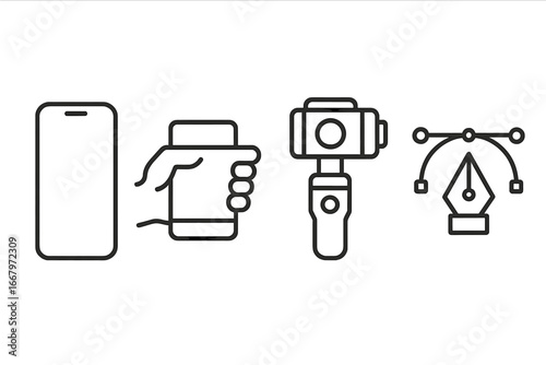 Product Design Icons Outline Set Including Smartphone Orientation, Handheld Grip Point, Camera Gimbal Stabilizer, Vector Cartoon Illustration for Creative and Technical Use