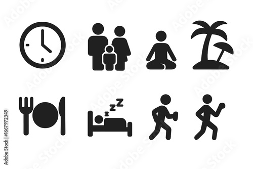Work-Life Balance solid glyph icon set. Concept of a healthy lifestyle, wellness, daily routine. Vector symbols of time management, family, yoga, vacation, food, sleep, exercise.