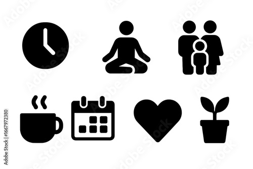 Work-life balance solid glyph icon set. Vector icons for time management, family, career, health, and harmony. Lifestyle concept with clock, yoga, calendar, and heart symbols.