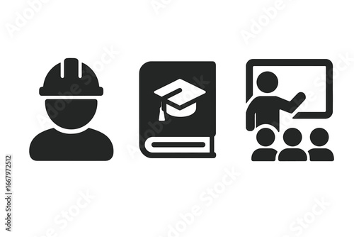 Workforce training vector icon set. Worker in hard hat, education manual with graduation cap, and instructor with class. Onboarding, seminar, and professional development.