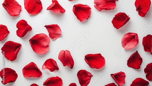 a scattering of vibrant red rose petals forms a delicate frame around a blank white space.
