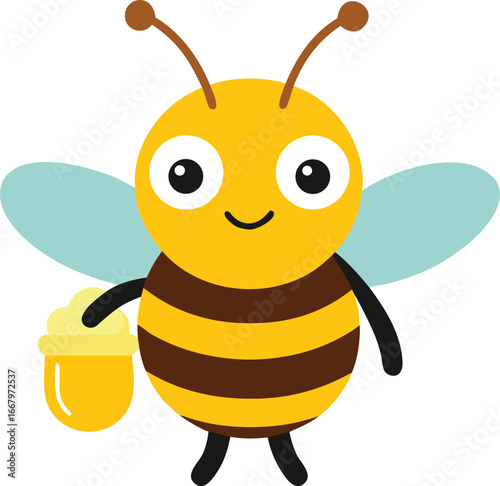 Cute cartoon bee character holding a jar of sweet honey vector illustration