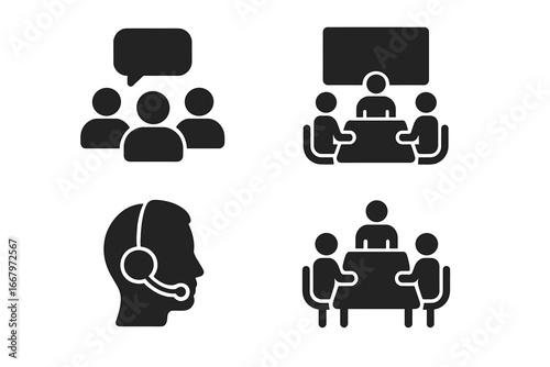 Workplace solid icons set. Vector glyph collection of business communication symbols. Team meeting, group chat, conference presentation, and customer support headset signs.