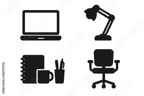 Workspace solid glyph icon set. Business office equipment symbols. Vector graphic of laptop, desk lamp, notebook, coffee mug, pen holder and ergonomic office chair.