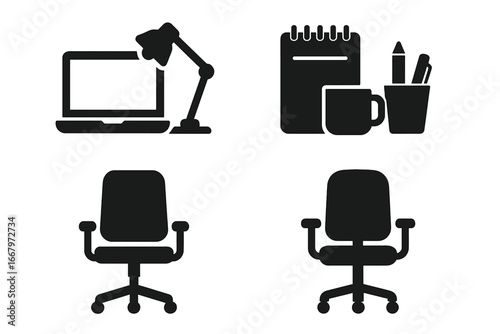 Office equipment solid icon set. Workspace glyphs collection. Business furniture and supplies pictogram. Vector illustration of laptop, desk lamp, notepad, mug, pen, office chair.