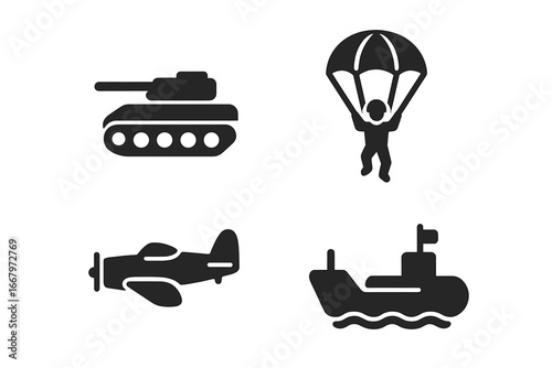 World War II icon set with solid military glyphs. Vector illustration of tank, paratrooper, fighter plane, submarine. Concepts for army, navy, air force, combat, and history.