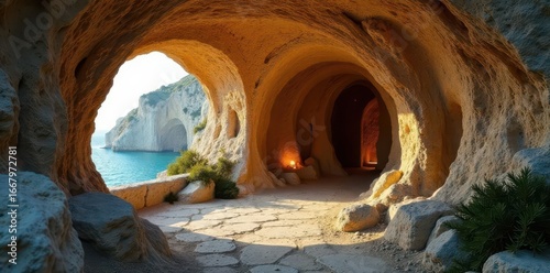 Cave home carved into cliffside, Matera, Italy, historical site, real estate photography, town