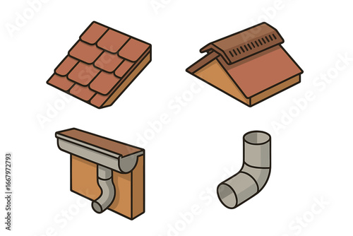 Roofing icon set isometric flat vector graphics with asphalt shingles, roof ridge vent, gutter downspout, and elbow pipe cartoon illustration for construction and home maintenance