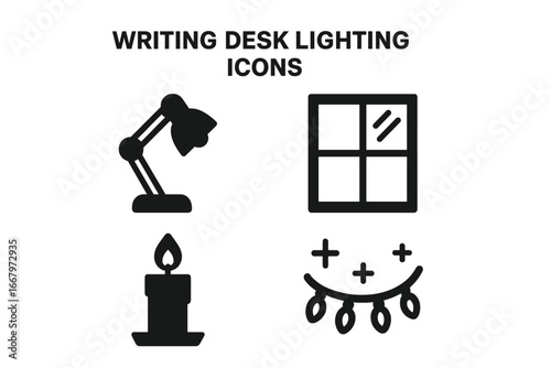 Writing desk lighting icon set. Solid glyph collection of light sources. Desk lamp, natural light from window, candle flame, and fairy string lights for a cozy atmosphere.