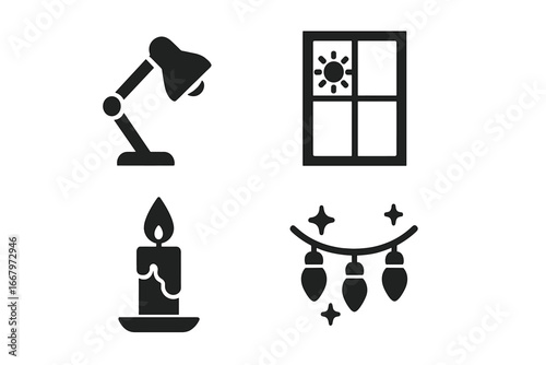 Lighting sources solid glyph icon set. Desk lamp, natural window sunlight, candle flame, and fairy string lights. Illumination and energy concept. Vector silhouette collection.