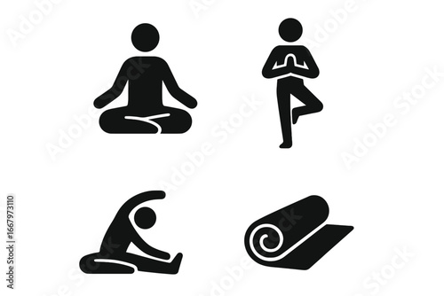 Yoga icon set. Meditation, fitness, sport. Person in lotus pose, tree pose, stretching asana. Rolled mat. Vector glyph. Wellness, health, relaxation, balance, pictogram.