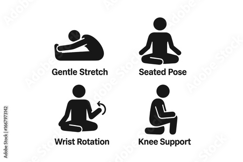 Yoga icon set for arthritis and joint pain relief. Vector pictograms show gentle stretch, seated pose, wrist rotation, knee support. For seniors, beginners, rehabilitation.