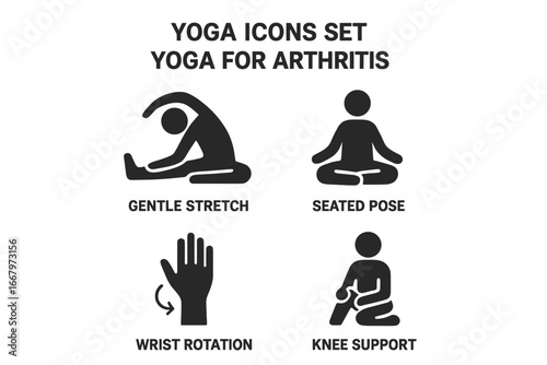 Yoga for arthritis solid glyph icons set. Gentle stretch, seated pose, wrist rotation, knee support. Therapeutic exercise for joint pain relief. Senior fitness vector symbols.