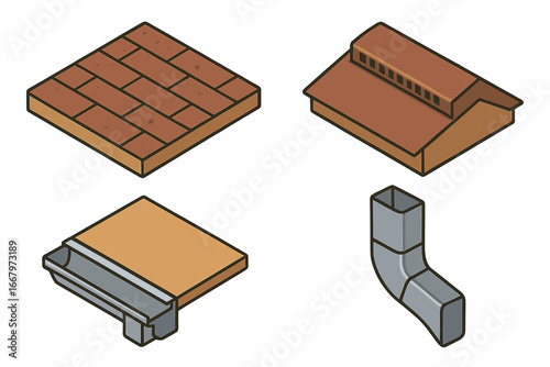 Roofing icon set, isometric flat vector illustration of roofing and siding coordination including asphalt shingle, roof ridge vent, gutter, downspout, and construction elements